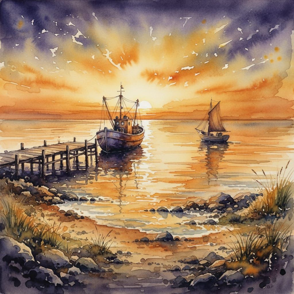 Sunset Harbor Painting of Fishing Boats