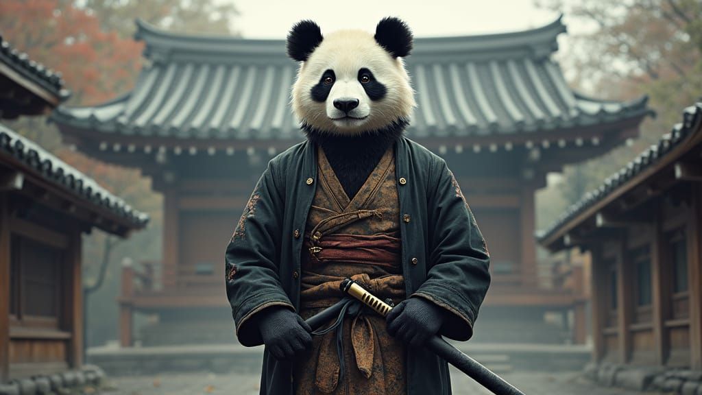 Surreal Samurai Panda in Anime Art Style with Katana and Jap...