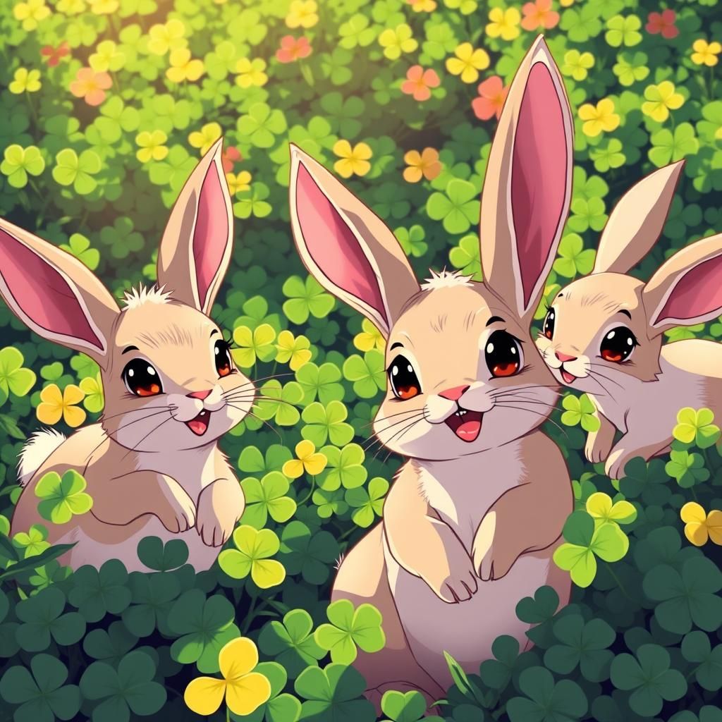 Rabbits Playing in Clover Field in Anime Style