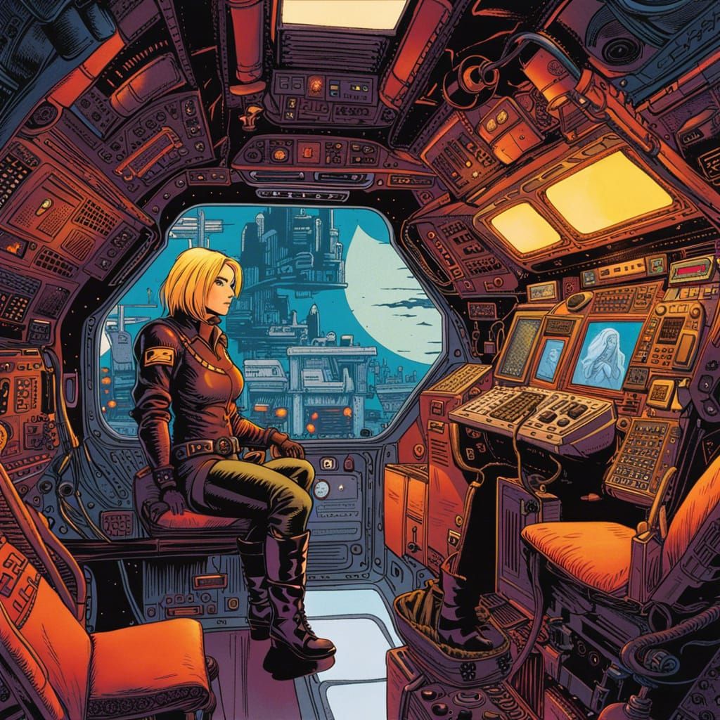 Woman Pilot in Spaceship Cockpit: Cyberpunk Comic Art