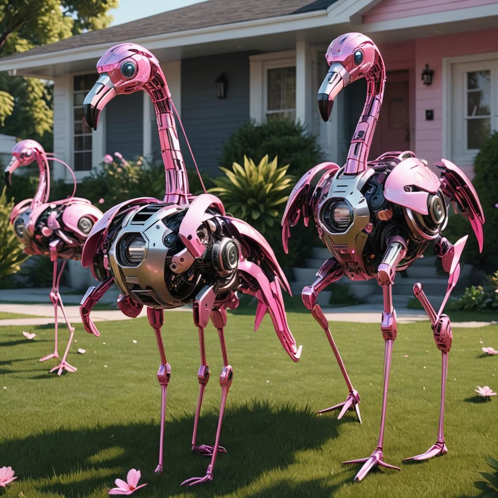 Cyborg Flamingos Defend Suburban Home in Sci-Fi Style
