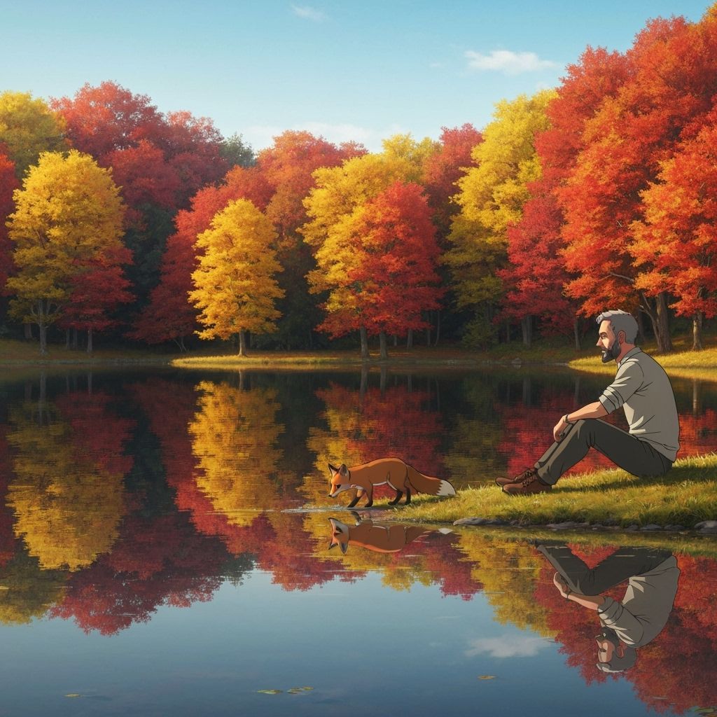 Italian Man Watches Fox by Autumn Lake in Studio Ghibli Styl...