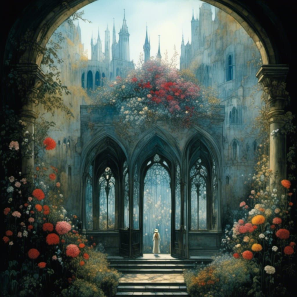 Dungeon Window View: Bright Flower Garden Digital Art