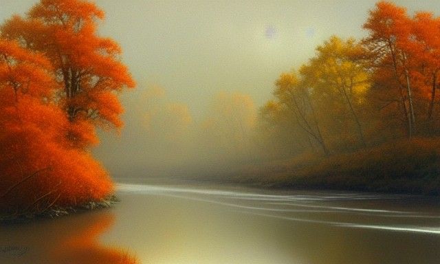Autumnal River Scene in Oil Painting Style