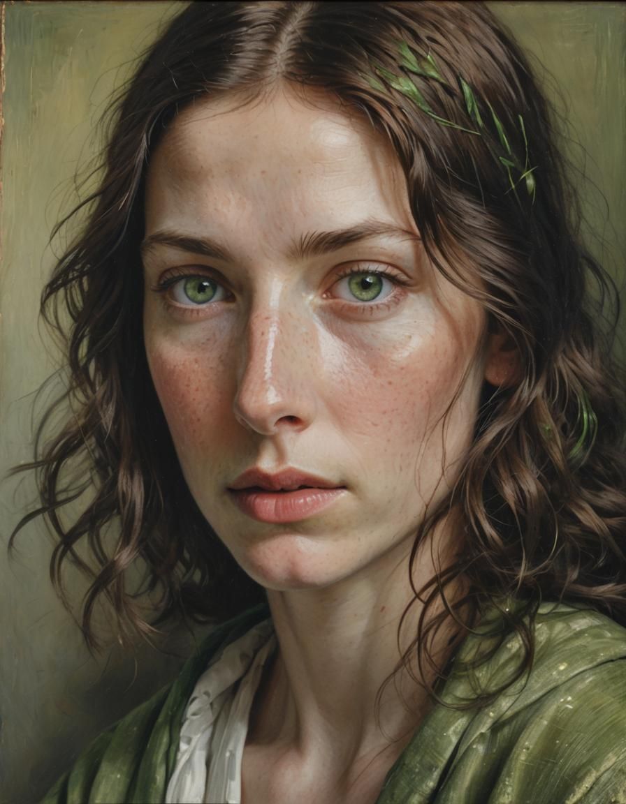 Woman with Green Eyes Portrait in Vermeer Style