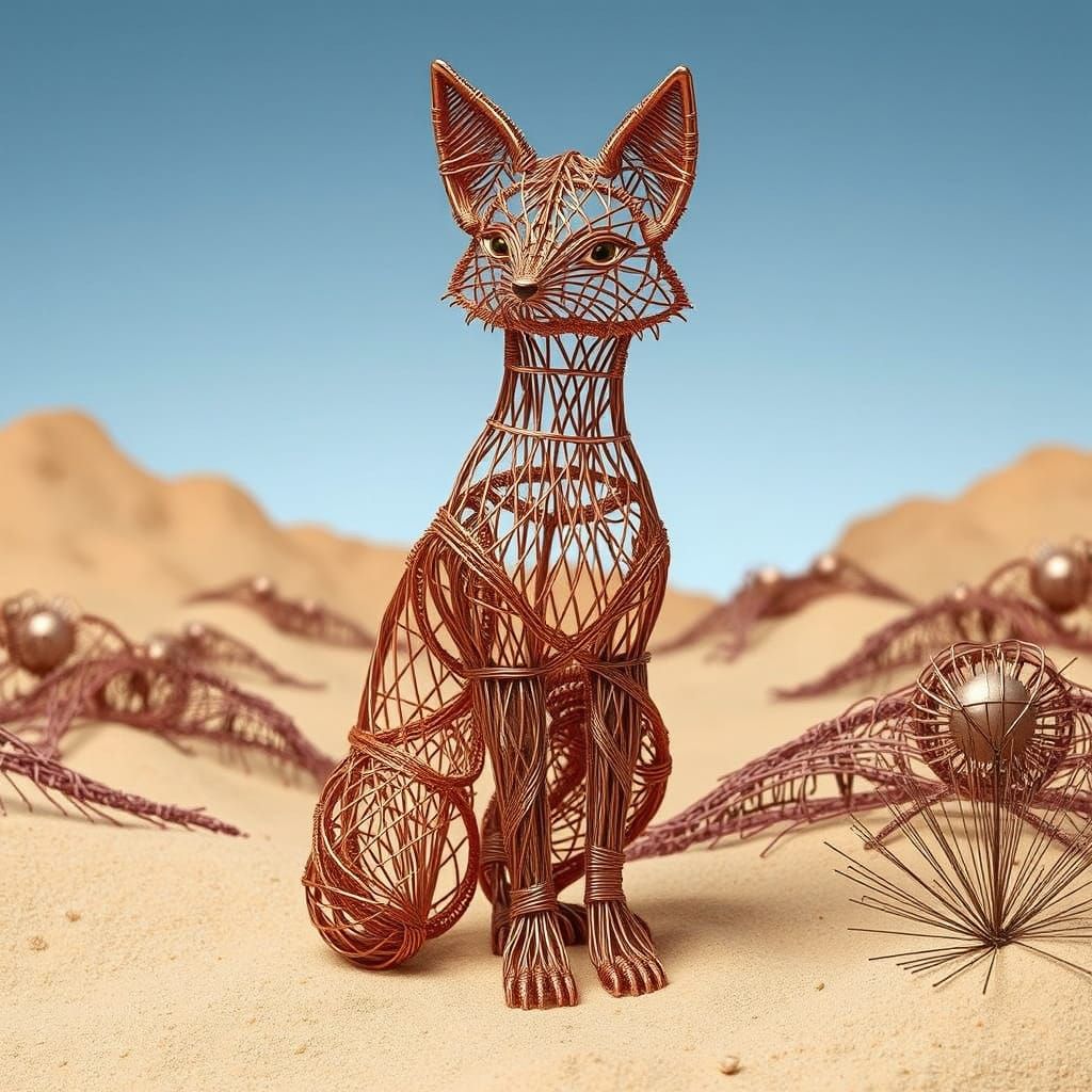 Copper Wire Desert Fox Sculpture in Industrial Style