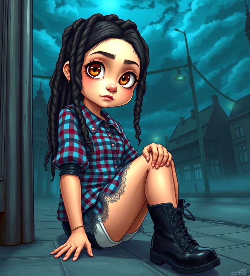 Girl with Dreadlocks at Bus Stop in Gloomy Night