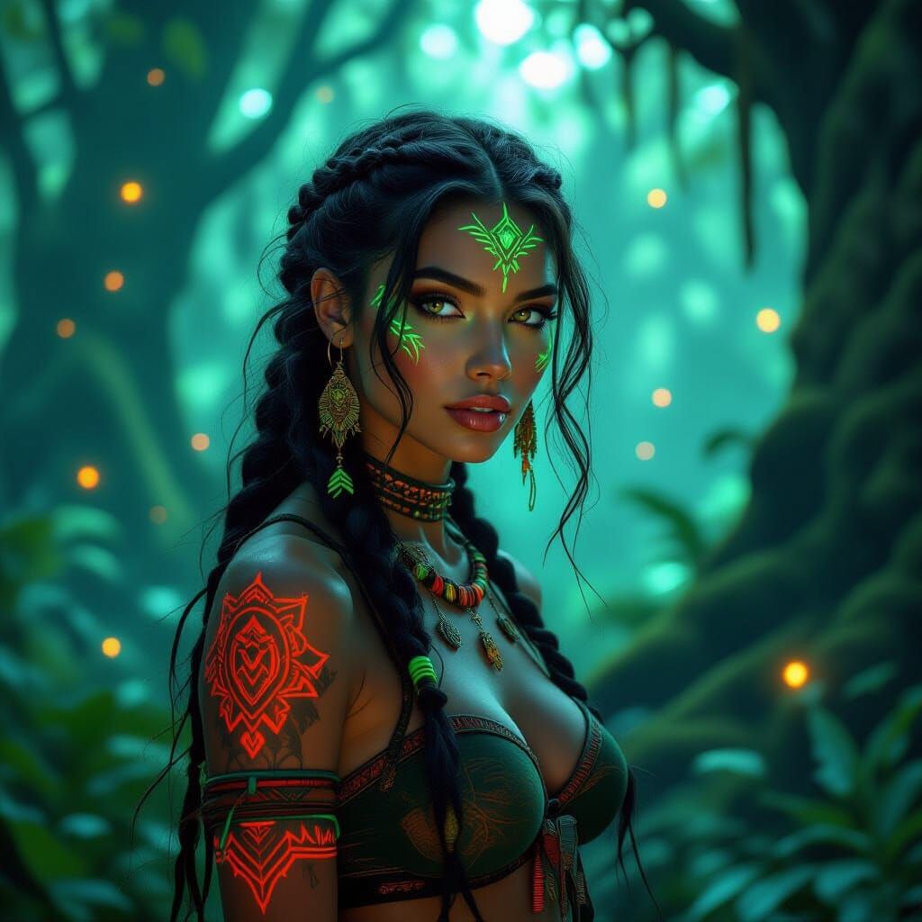 Mystical Neon Tribal Woman in Dreamlike Forest