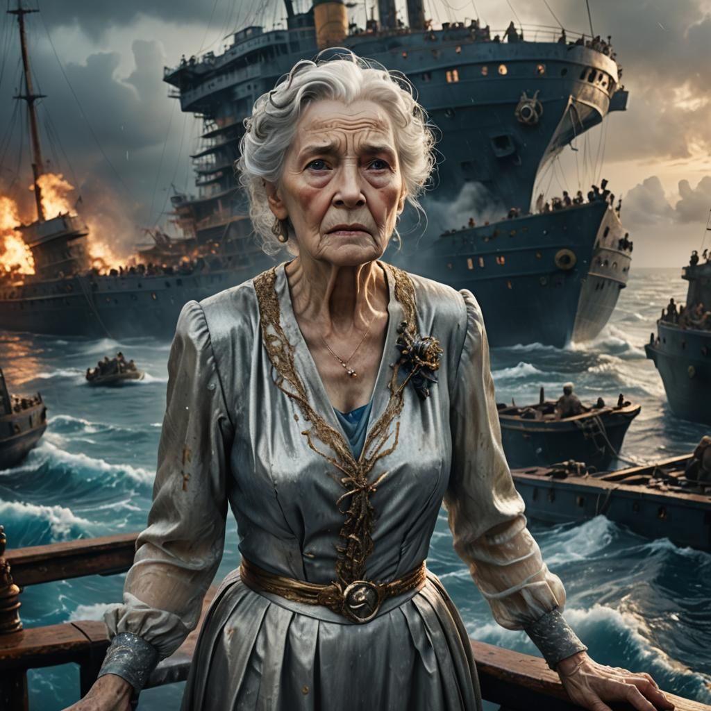 Elegant Elderly Woman Amidst Shipwreck Chaos