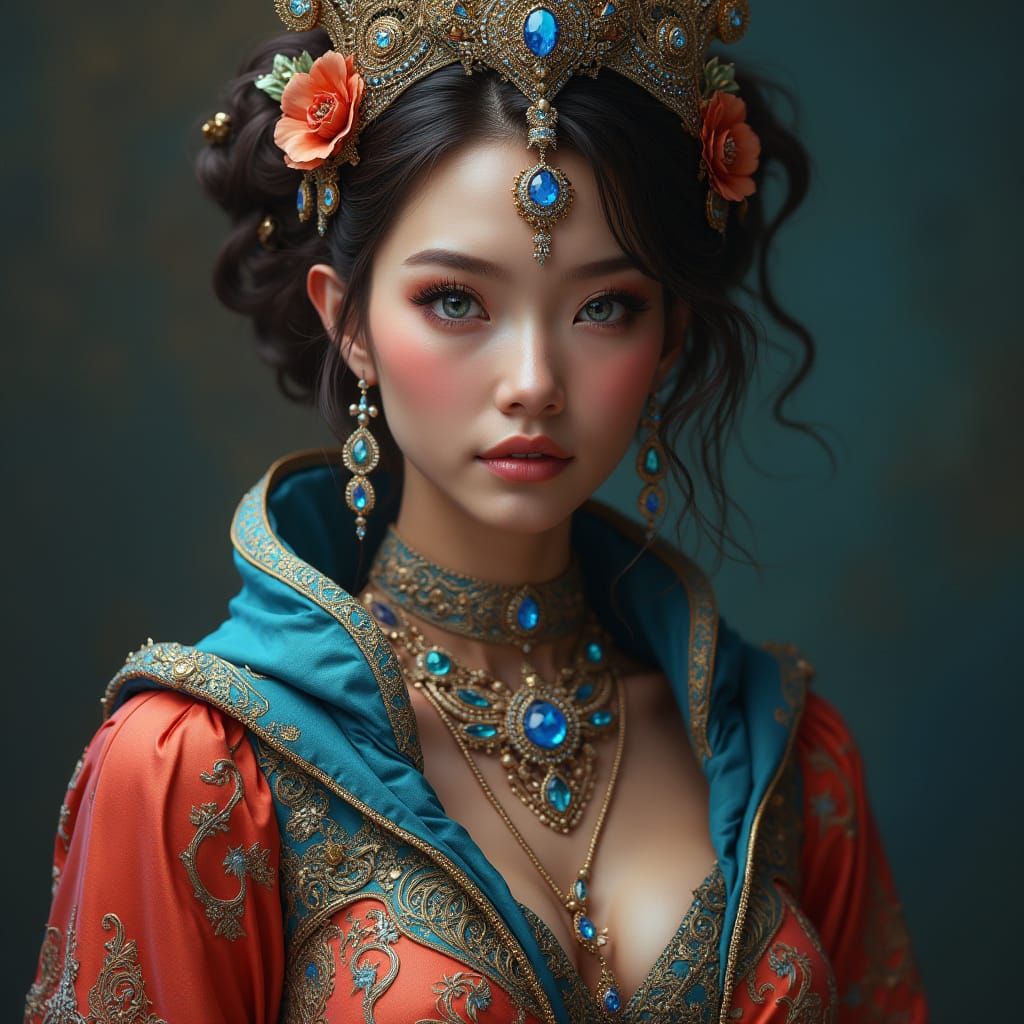 Regal Woman in Futuristic Attire, Hyperrealistic Portrait
