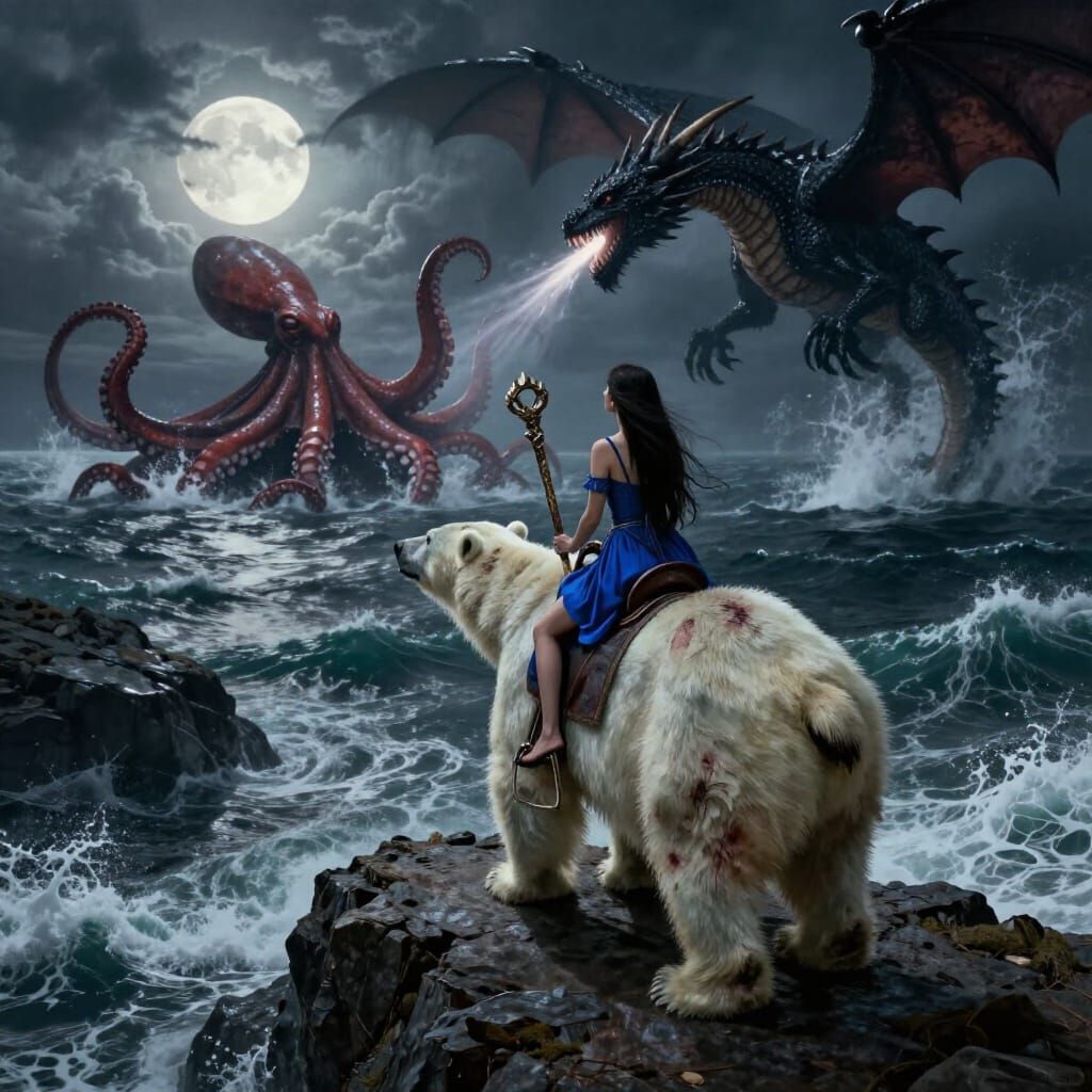 Sorcress Rides Polar Bear Witnessing Epic Dragon Octopus Bat...