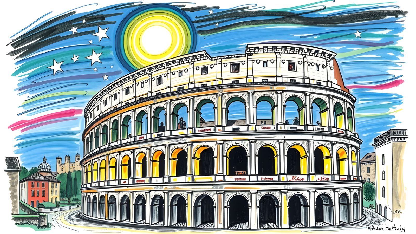 Child's Crayon Doodle of Roman Colosseum