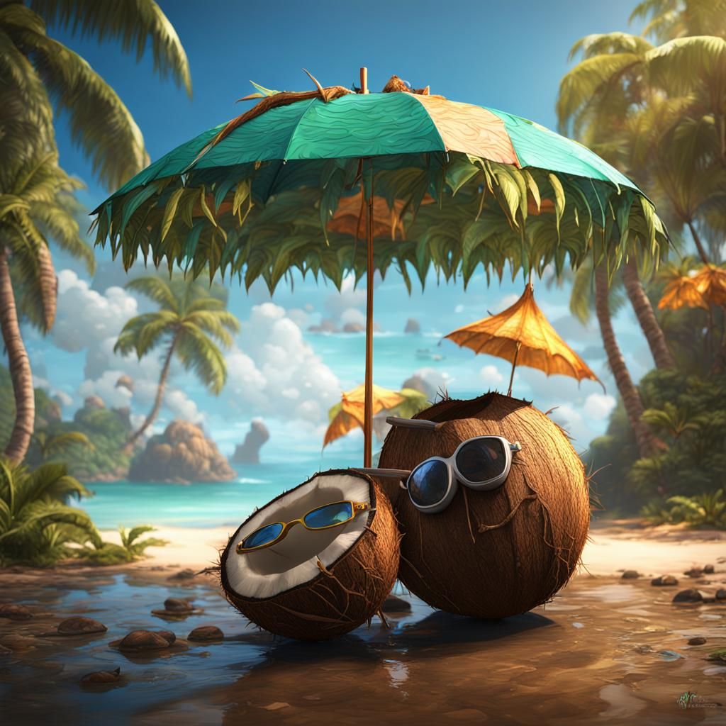 Coconut in Goggles Under Umbrella: Fantasy Art