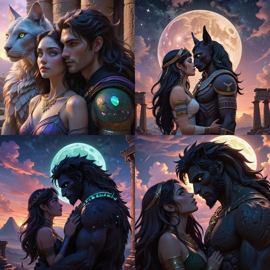 Anime-Inspired Werewolf Couple in Ancient Egyptian Ruins