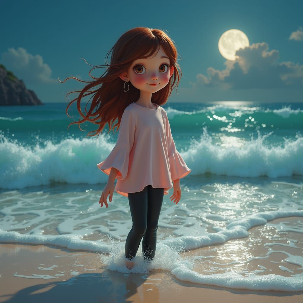 Girl on Moonlit Beach in Ethereal Digital Painting