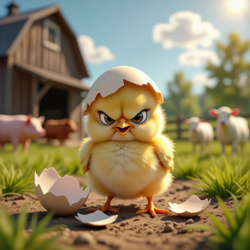 Fierce Chick in Farmyard: 3D Rendered Cartoon
