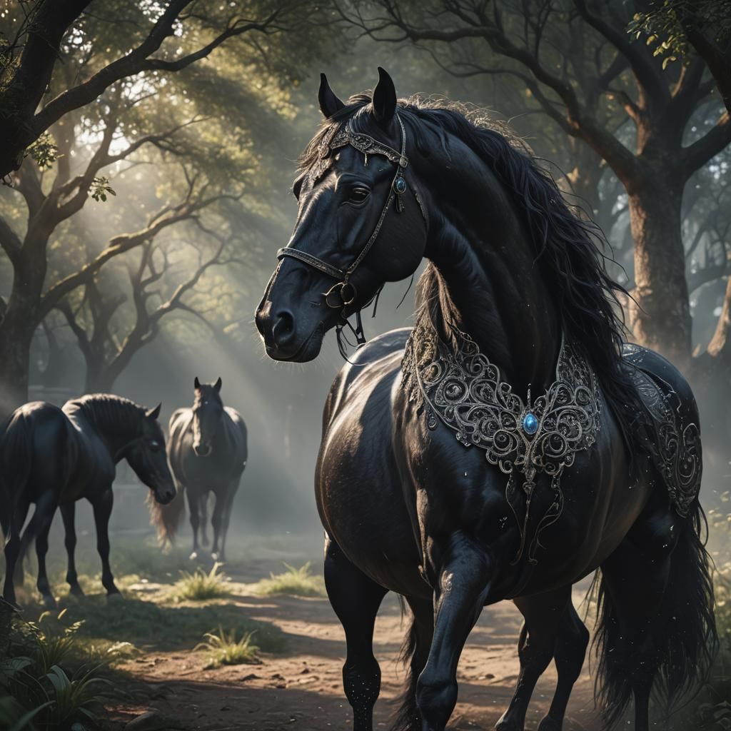 Mystical Black Horse Portrait in Hyperrealism