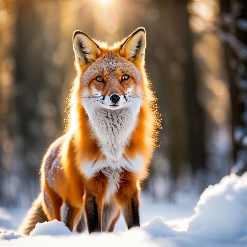 Fox in Snowy Forest with Sunlight