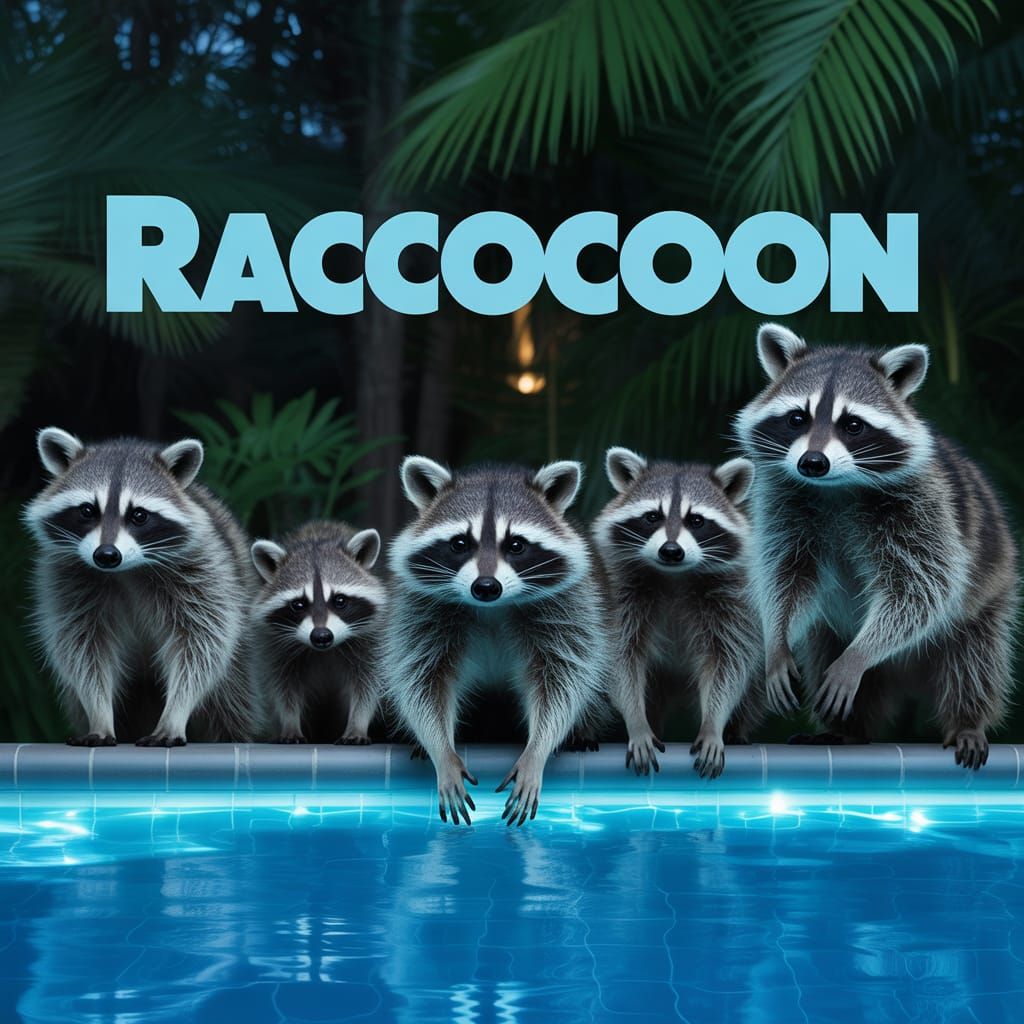 A movie poster with the title "Raccocoon". Several elderly r...