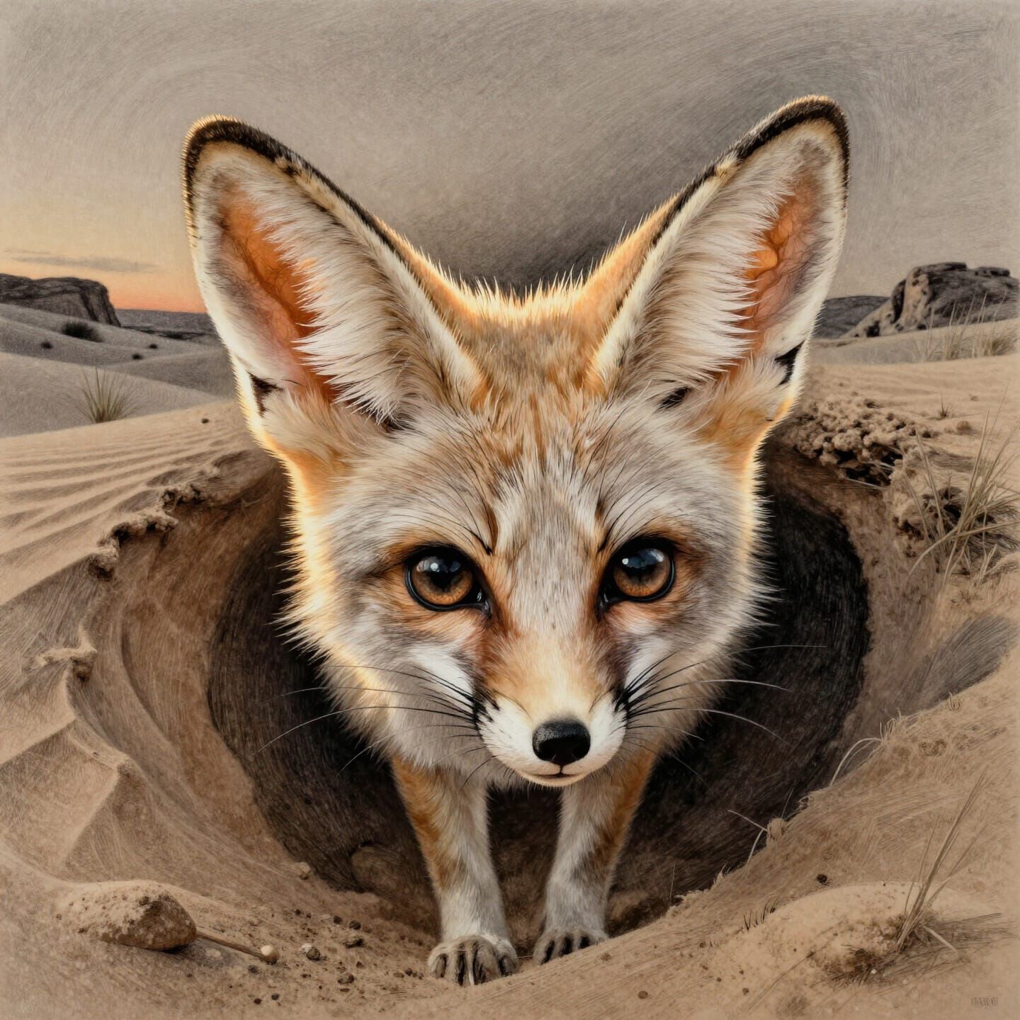 Fennec Fox Head Graphite Drawing at Twilight