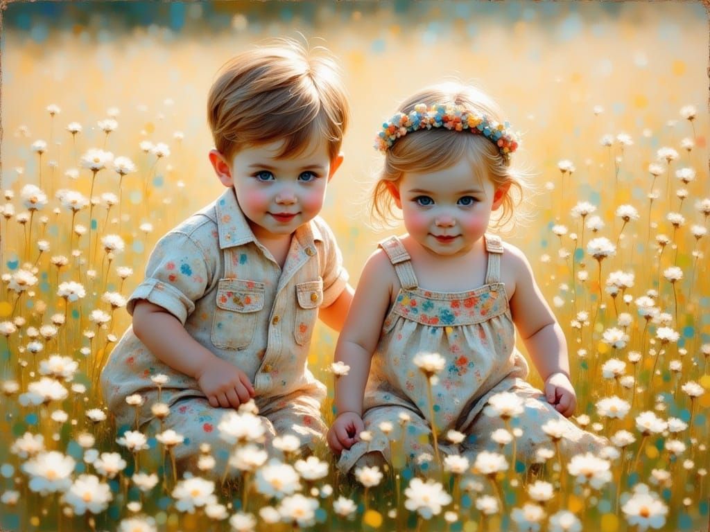 Vintage Whimsy: Toddler Siblings Amidst White Wildflowers