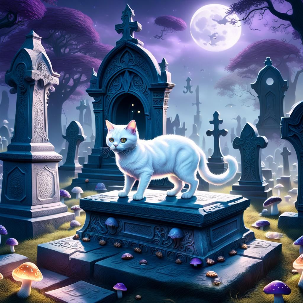 Mystical White Cat in Moonlit Graveyard