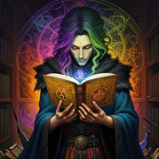 Wizard's Enchanted Library with Glowing Spell Books