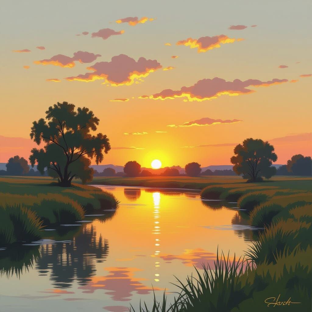 Sunrise Landscape in Impressionist Style
