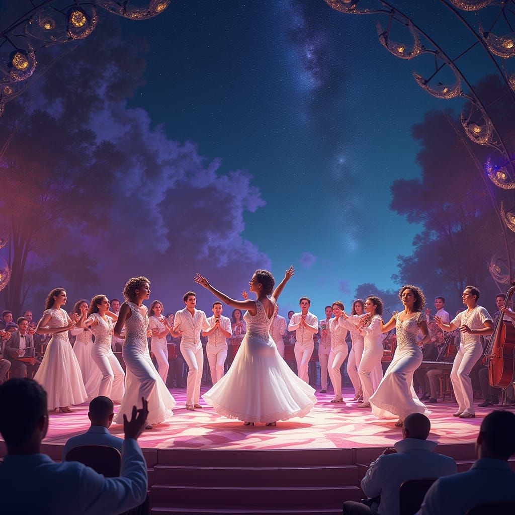 Salsa Orchestra Under Starry Night Sky in Resplendent White