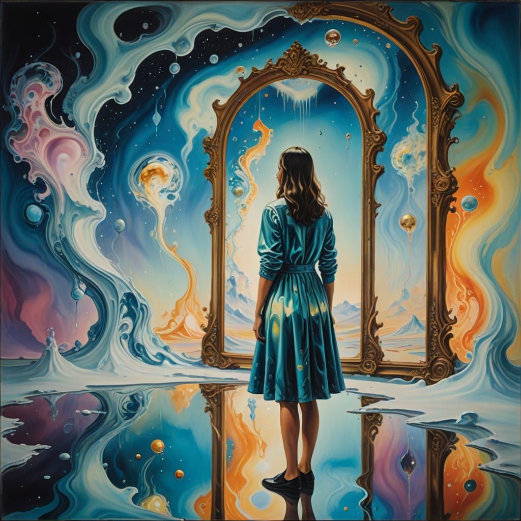 Surreal Dream Scene with Melting Mirror and Ethereal Light
