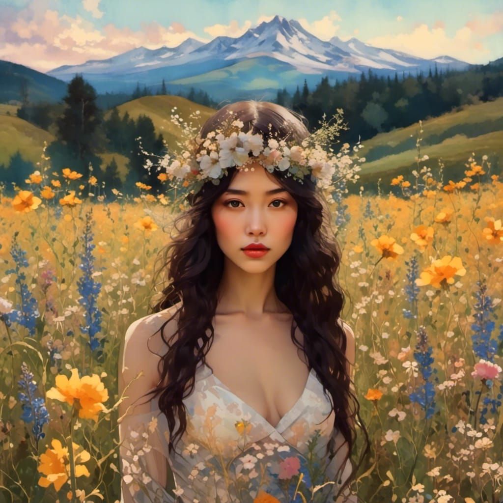 Emotional Dreamscape of Woman in Flower Meadow