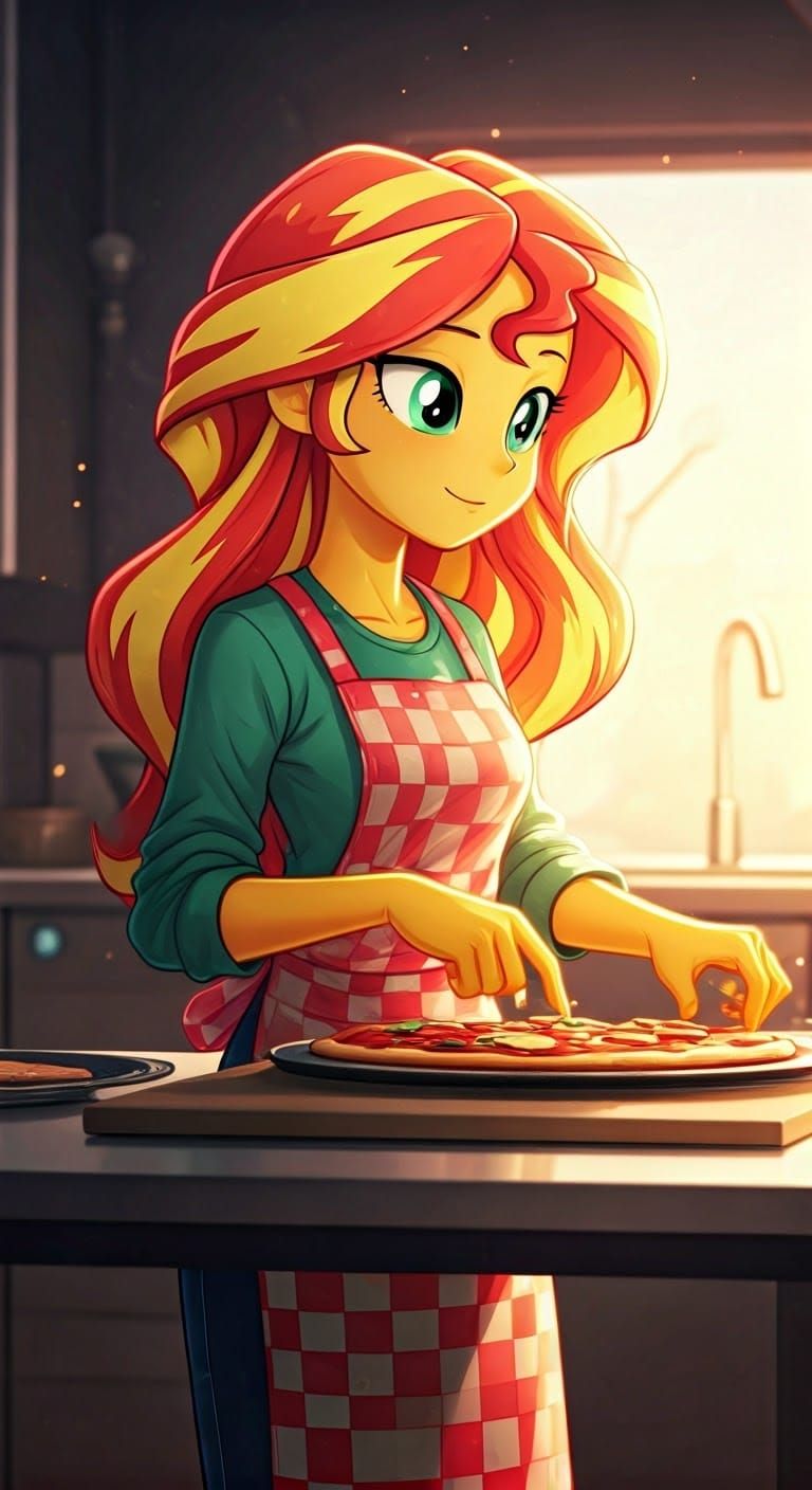 Sunset Shimmer Cooks Pizza: Hyperdetailed Splash Art