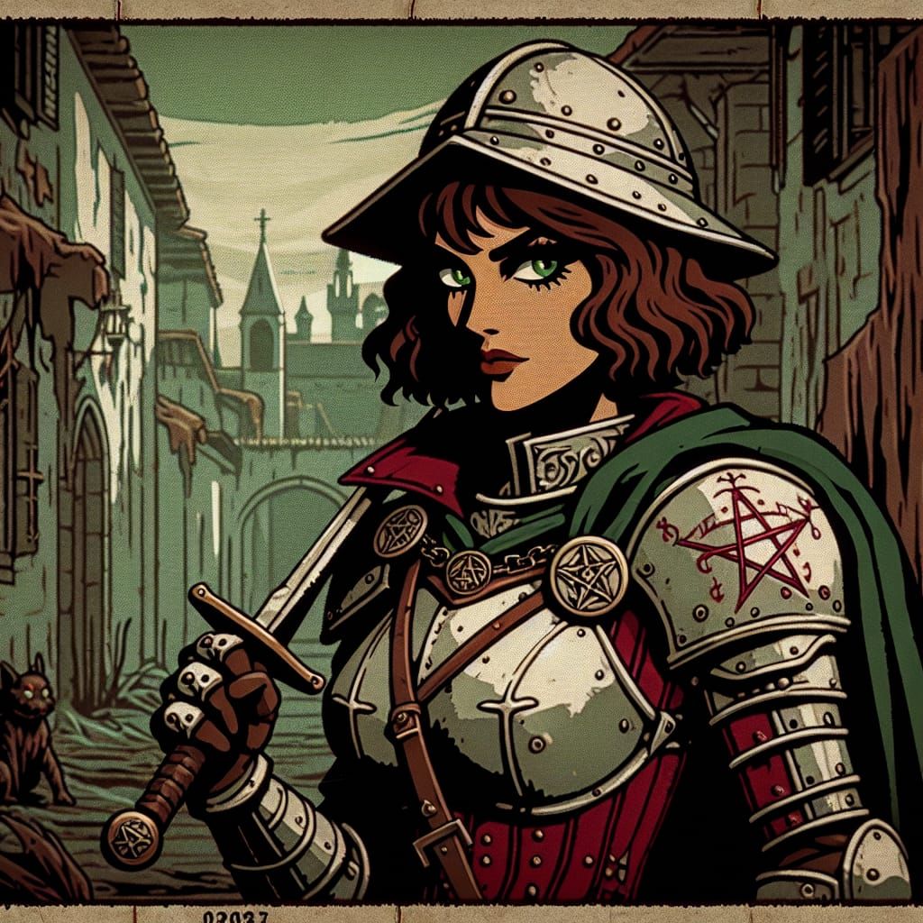 Armored Queen Investigates Haunted Town in Cartoon Style