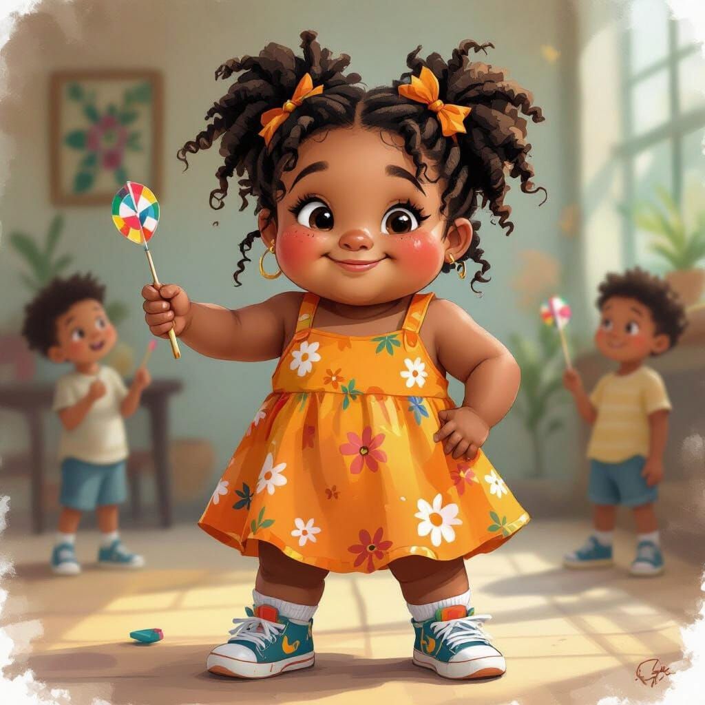 Girl in Orange Dress Playing Darts, Watercolor Painting