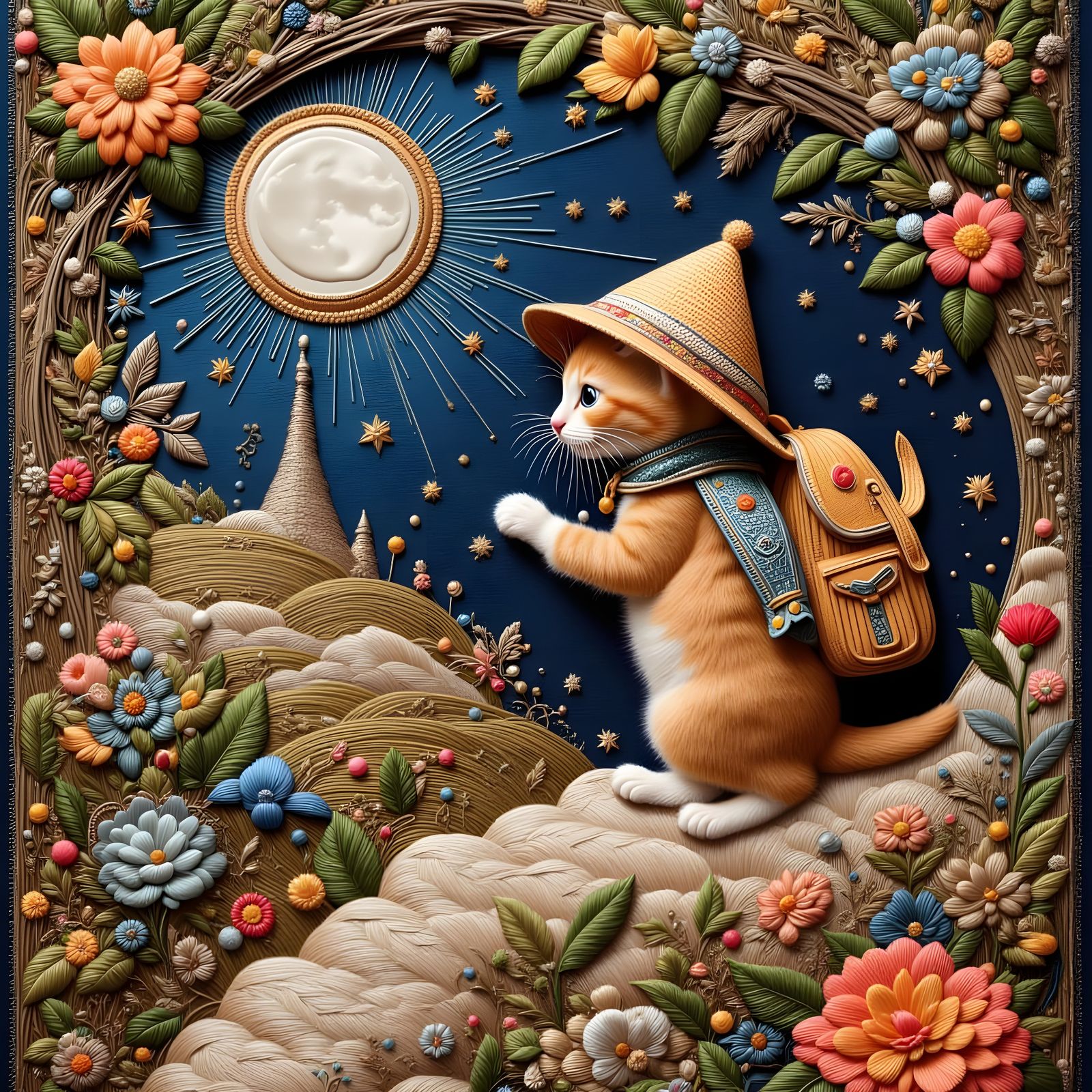 A tiny kitten, adorned with a tiny adventurer's hat and backpack, navigates the i...