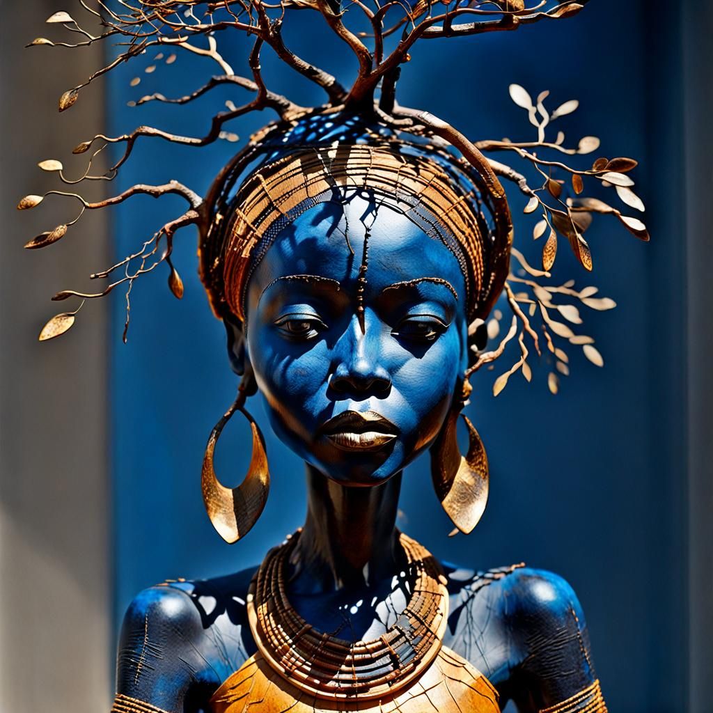 Branch Sculpture of African Woman with Water Bowl