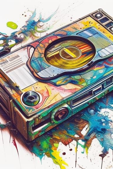Cassette Tape and Player in Maximalist Style
