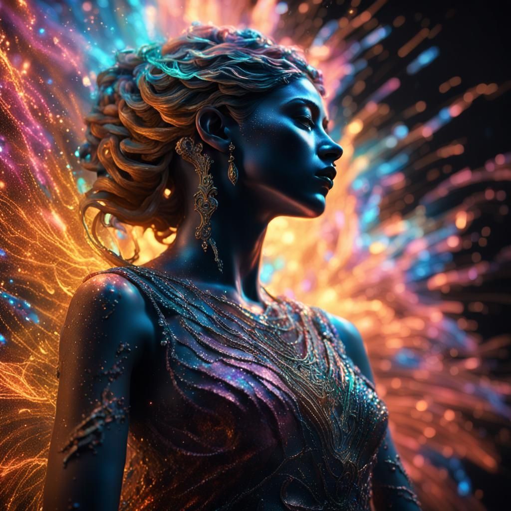 glowing photorealistic closeup side vieuw of a goddes of music, Full Body, veins glowing in power,vibrant colors its bac...