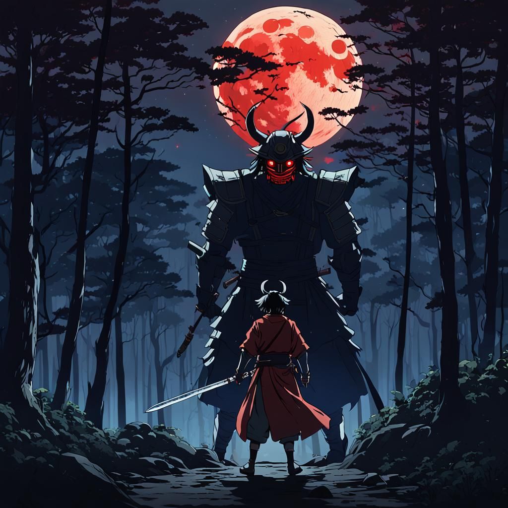 Samurai with Oni Mask Training Under Blood Moon