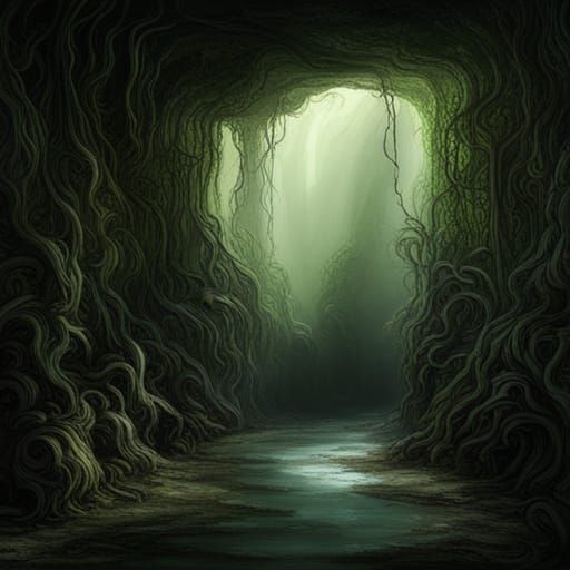 Creepy Overgrown Cave Chamber in Detailed Matte Painting Sty...