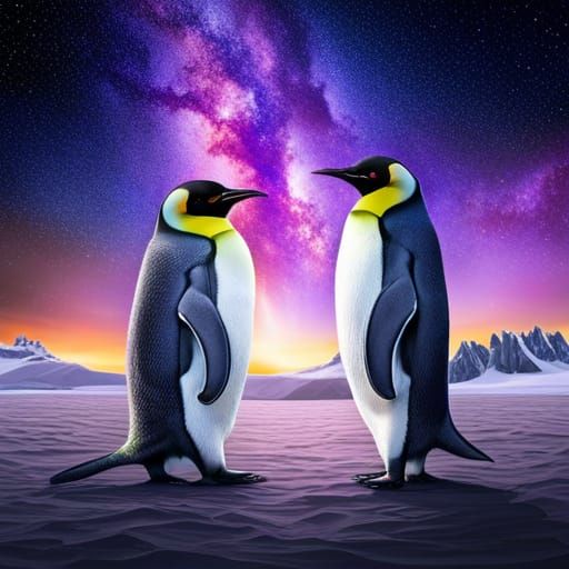Happy Emperor Penguins Under the Aurora Australis