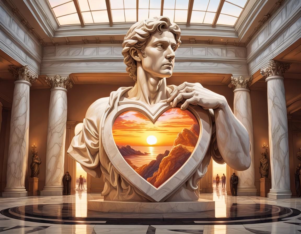 Marble Heart Statue in Chromolithograph Style