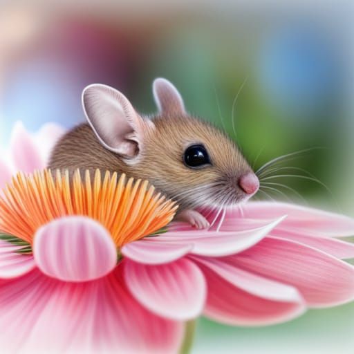 Charming Colored Pencil Drawing of Mouse in Flower