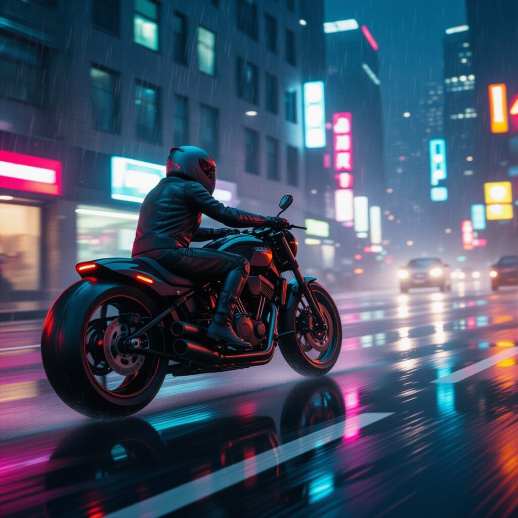 Motorcycle Racing Through Neon City Streets