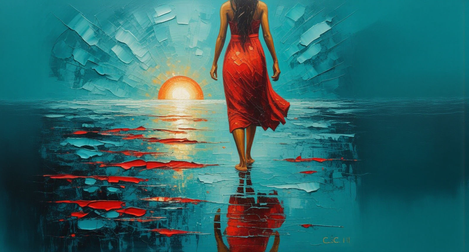 Figure Walking Towards Radiant Horizon in Oil Painting Style