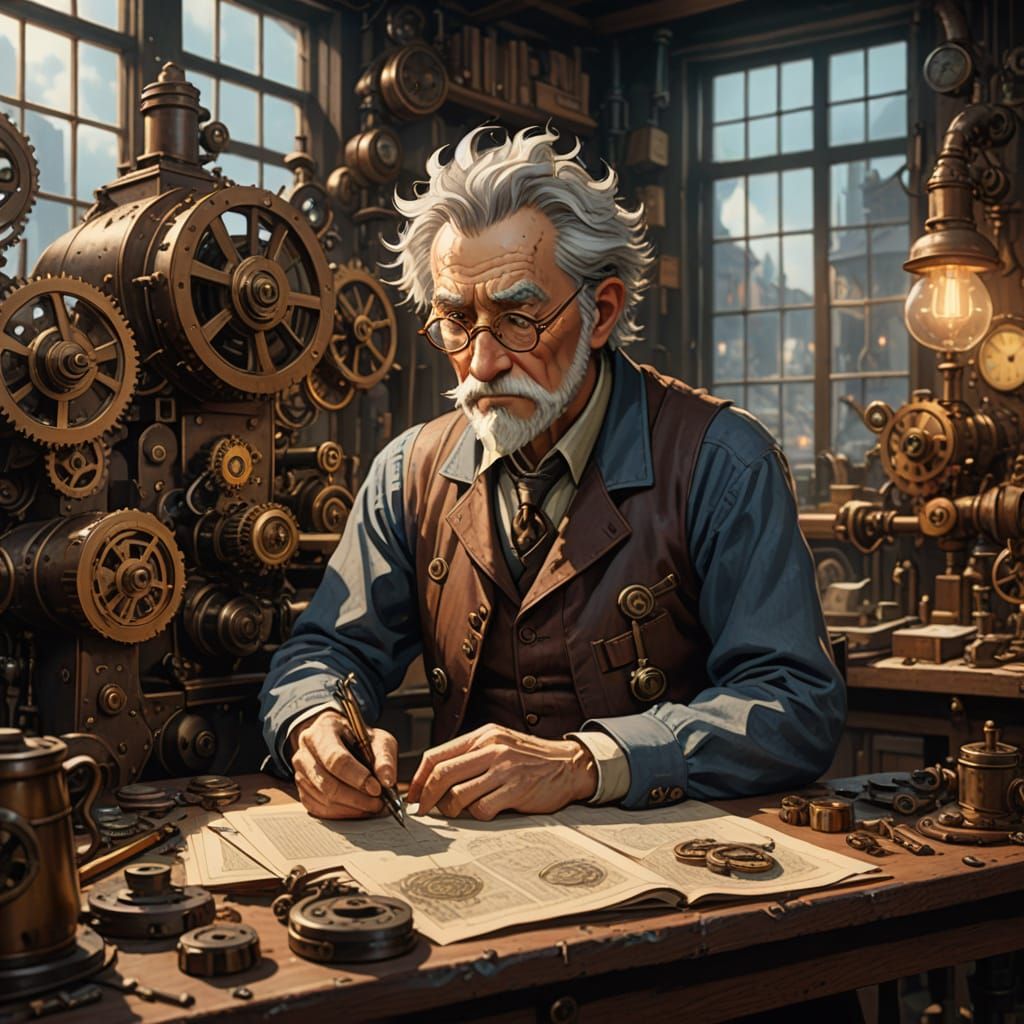 Steampunk Inventor at Work in Warm Golden Light