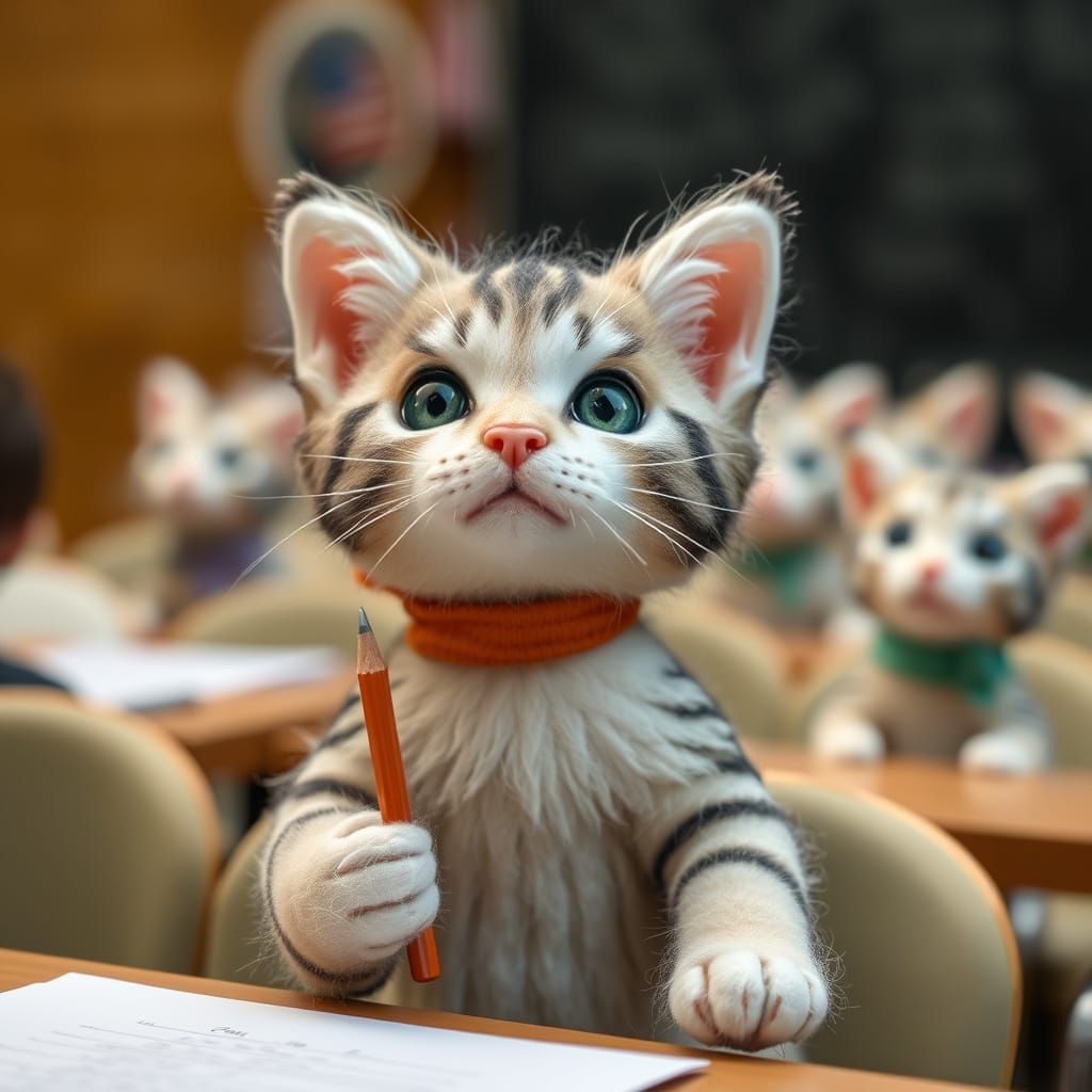 Felted kitten attending school, extremely detailed