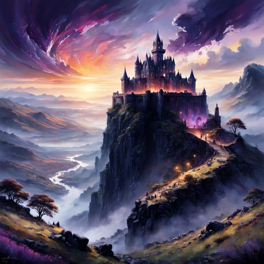 Ethereal Scottish Castle at Twilight in Vibrant Purple Water...