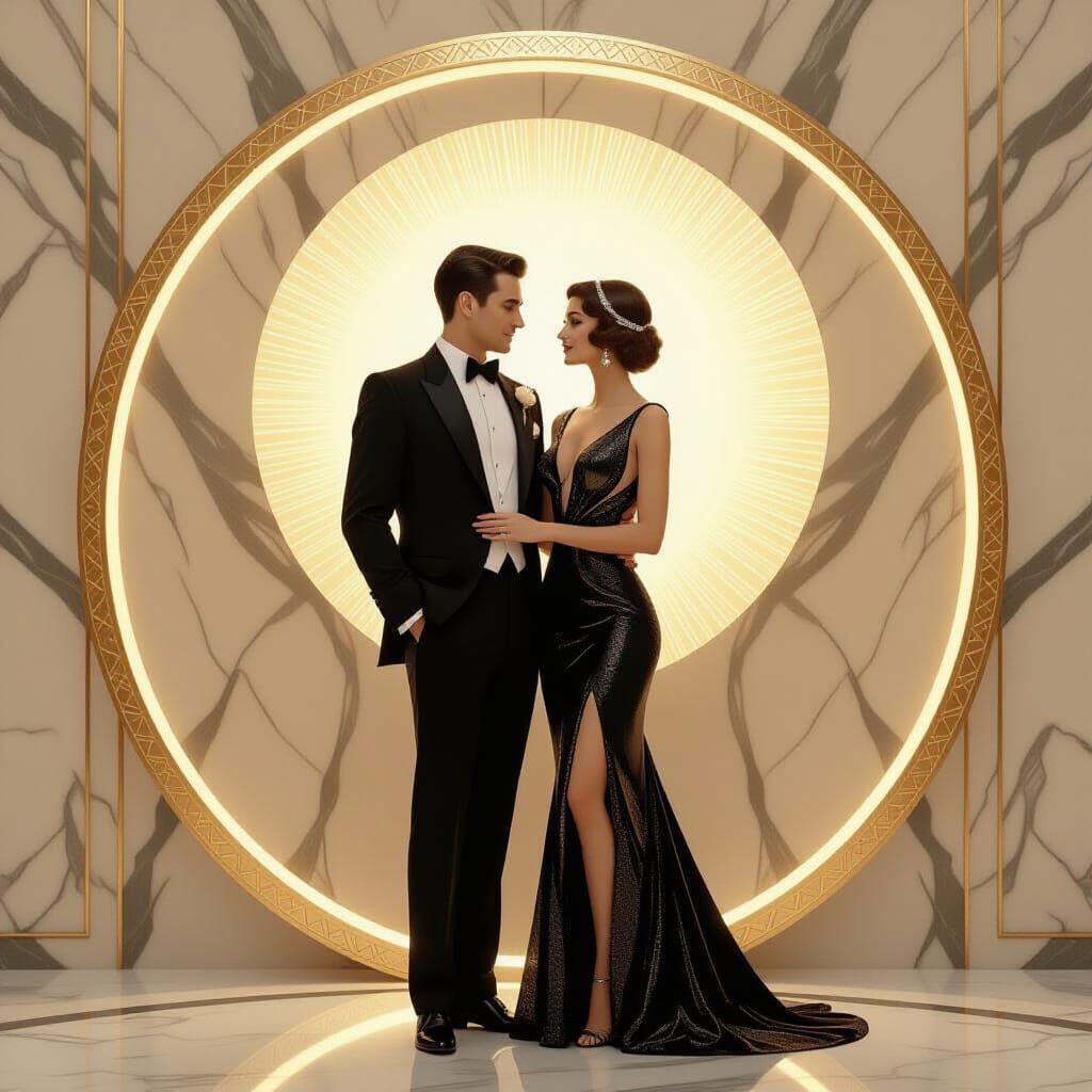 Art Deco Couple in Golden Circles of Love