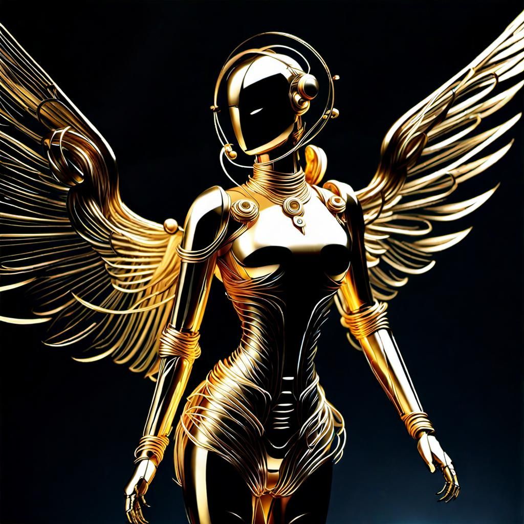 Gold Android Angel in Hyperdetailed Ink Drawing